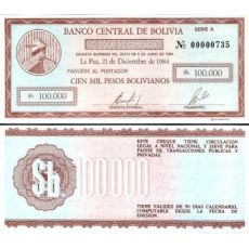 100 000 Pesos Bolivianos Bolívia 1984, P188 UNC